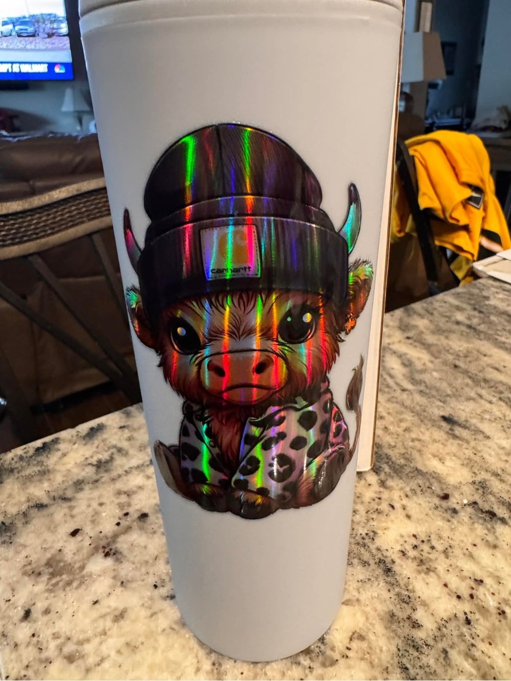 COWHARRT Holographic Highland Cow Travel Tumbler - White NEW IN BOX